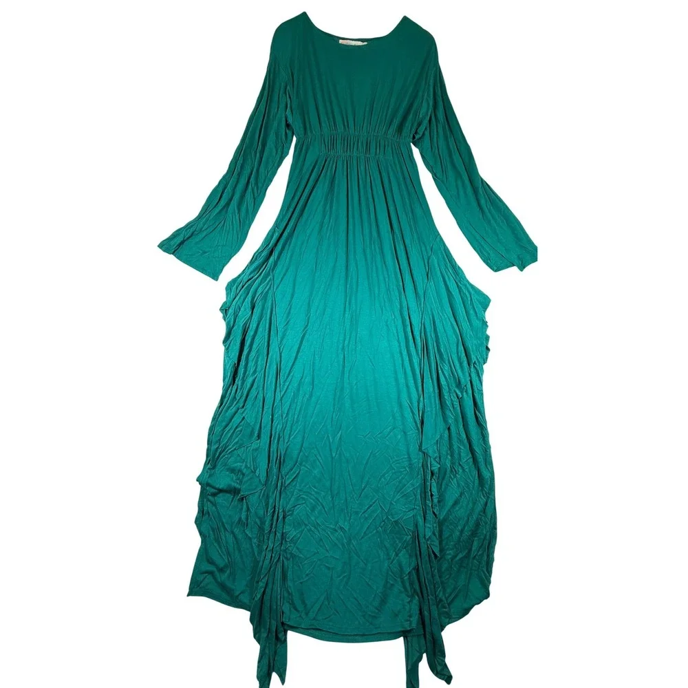 FP Beach Free People Teal Green Smocked Waist High-Low Maxi Dress XS Long Sleeve